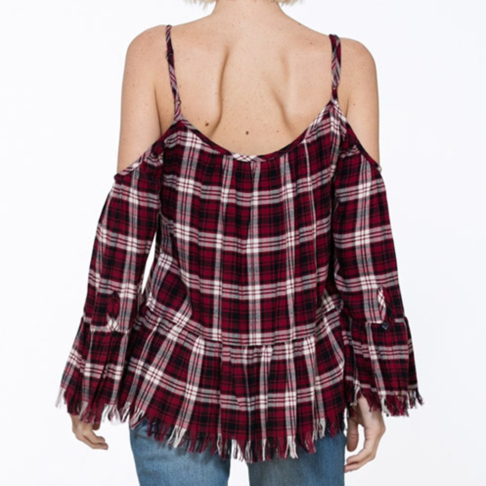 PLAID OFF SHOULDER RUFFLE DETAIL TOP - Picture 6 of 6
